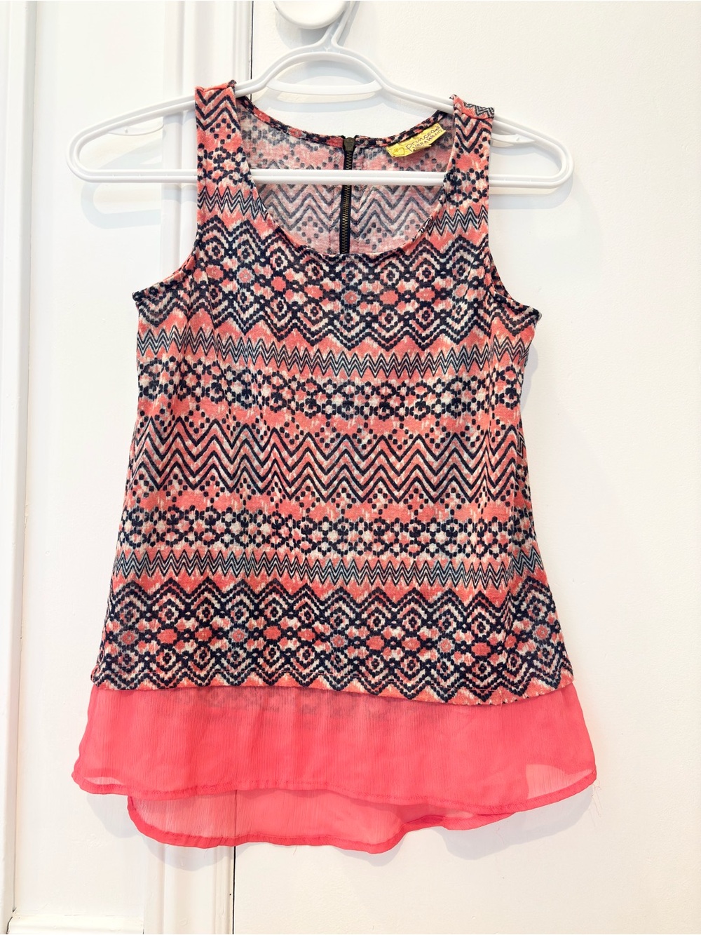 Princess Vera Wang Bright Coral Pink & Navy Patterned Tank with Chiffon Hem